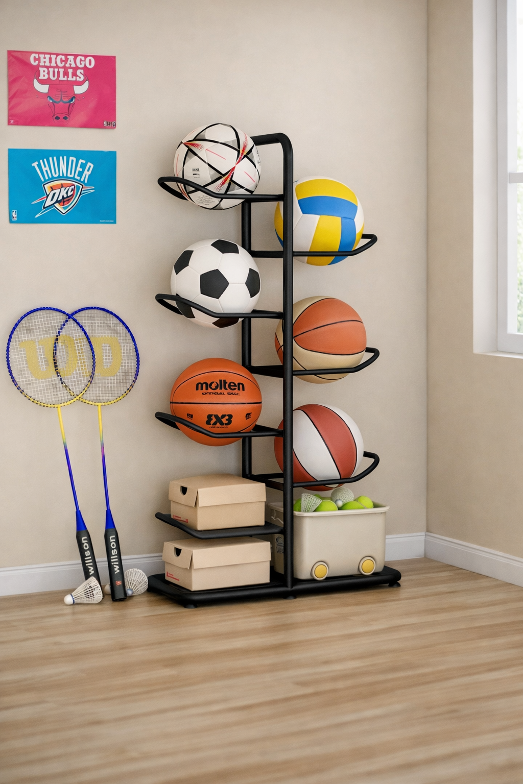 מתקן אחסון כדורי ספורט לחדר